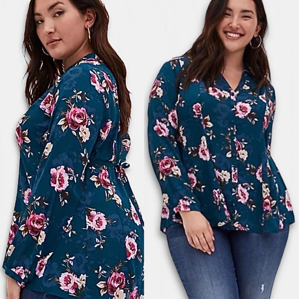 Torrid Harper Teal Floral Long Sleeve Tie Back Blouse Sz OX 1X XXL